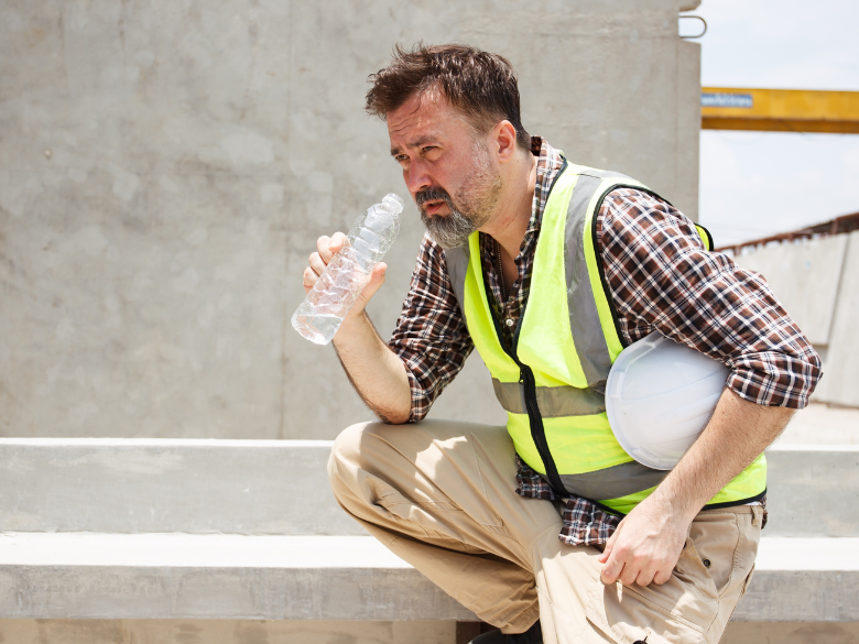 Construction worker drinking water looking tired