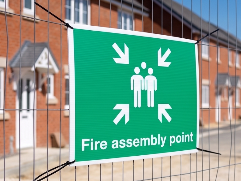 Fire assembly point sign on UK construction site